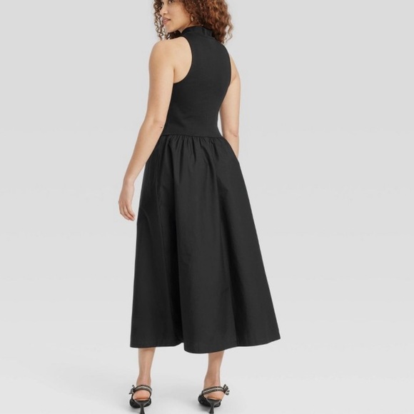 Drop waist contrast black mock neck sleeveless midi dress with side pockets - Picture 7 of 8